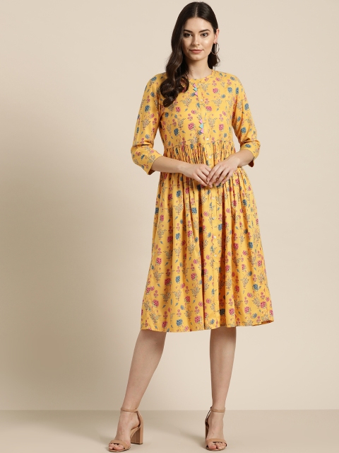 

Sangria Women Yellow & Blue Printed A-Line Dress