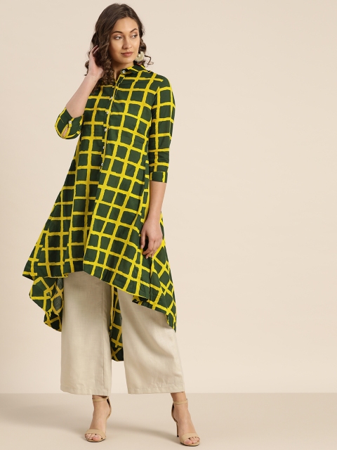 

Sangria Women Green & Yellow Checked High-Low A-Line Kurta