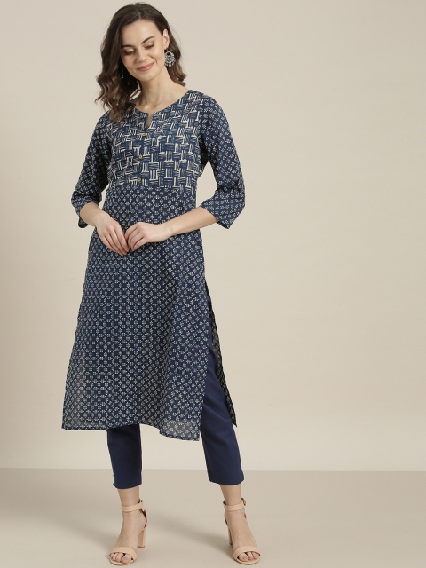 

Sangria Women Navy Blue & White Printed Kurta with Trousers