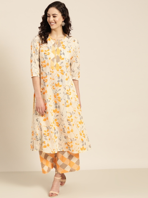

Sangria Women Cream-Coloured & Orange Printed Kurta with Palazzos