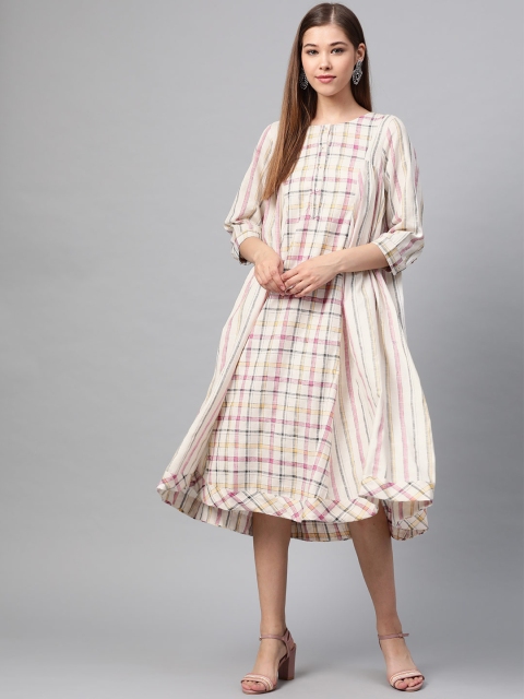 

Sangria Women Off-White & Pink Checked Asymmetric A-Line Dress