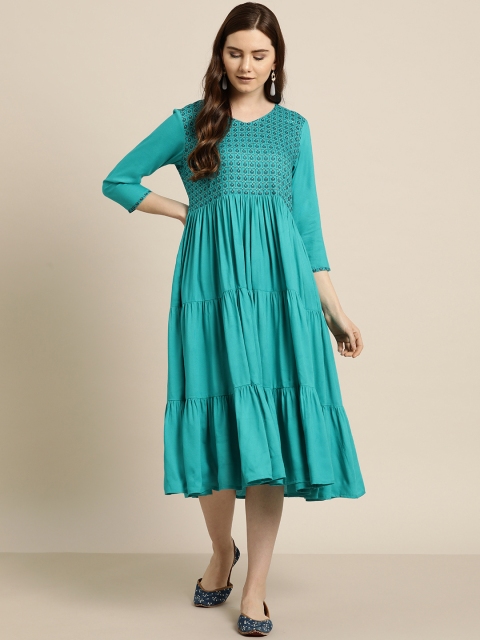 

Sangria Women Blue & Golden Printed A-Line Tiered Dress