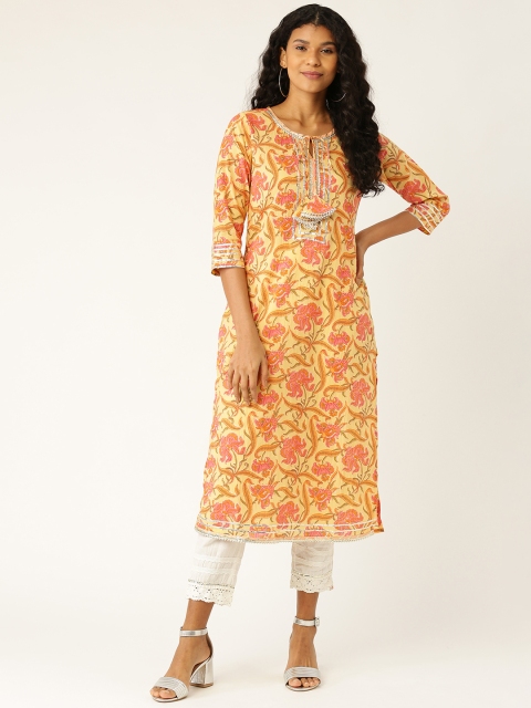 

Sangria Women Yellow & Pink Printed Straight Kurta