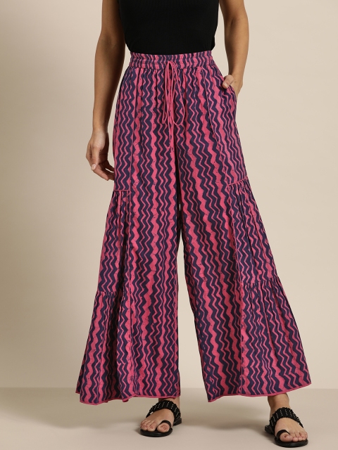 

Sangria Women Pink & Navy Blue Printed Wide Leg Palazzos