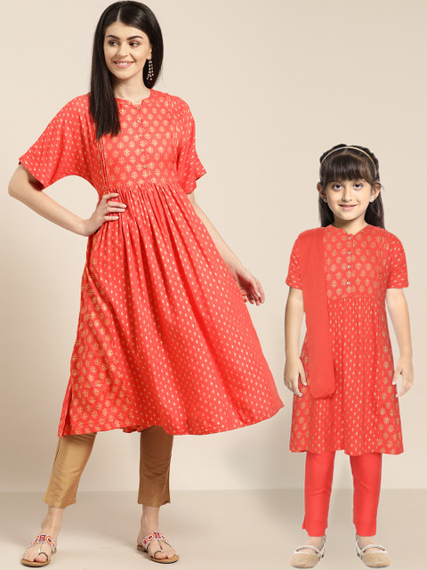 

Sangria Women Coral Orange & Golden Printed A-Line Kurta