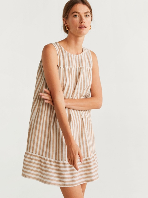 

MANGO Women Off-White & Beige Striped Shift Dress