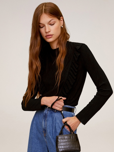 

MANGO Women Black Ribbed Victorian Top