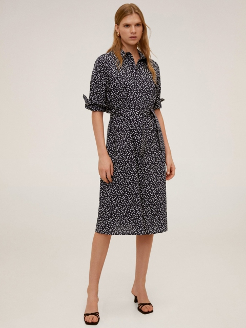 

MANGO Women Navy Blue & White Floral Printed Shirt Dress