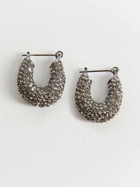 

MANGO Gunmetal-Toned Stone-Studded Contemporary Hoop Earrings, Metallic