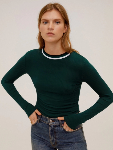 

MANGO Women Green Ribbed Fitted Top