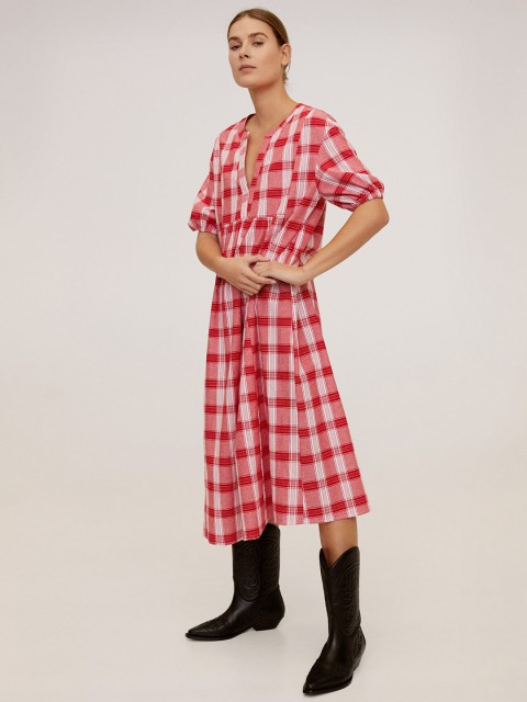 

MANGO Women Red & White Checked A-Line Dress