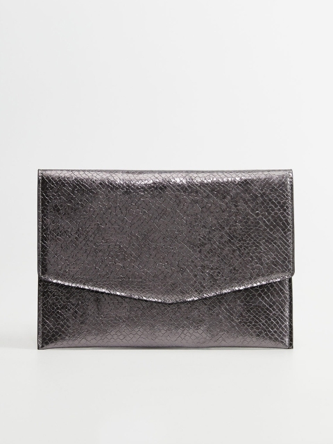 

MANGO Gunmetal-Toned Snakeskin Textured Envelope Clutch, Metallic