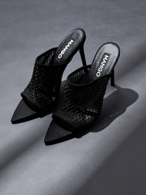 

MANGO Women Black Embellished Heeled Mules
