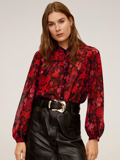 

MANGO Women Red & Black Floral Print Sheer Shirt Style Top