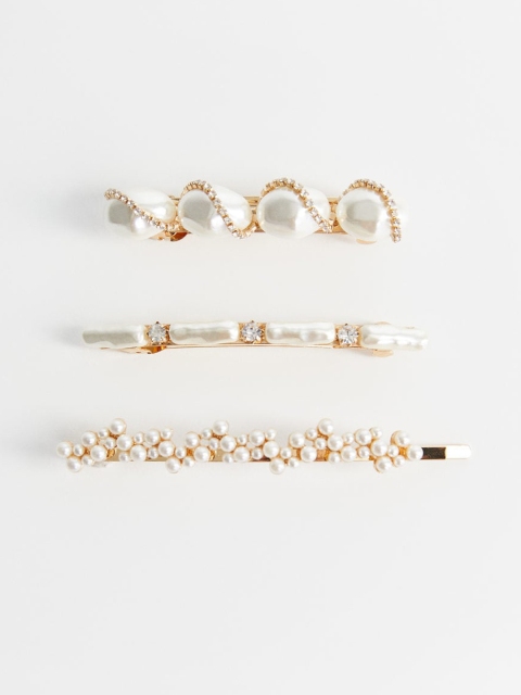 

MANGO Women Set of 3 Gold-Toned & Off-White Beaded Hair Accessories