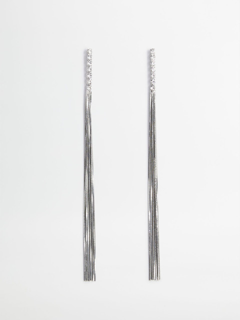 

MANGO Silver-Toned Stone-Studded Tasselled Contemporary Drop Earrings