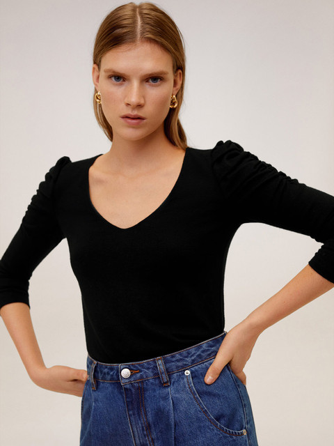 

MANGO Women Black Solid Fitted Top