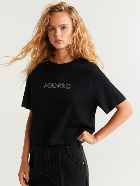 

MANGO Women Black Solid Round Neck T-shirt