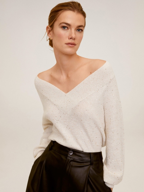 

MANGO Women Off-White Self Design Sequined Off-Shoulder Pullover Sweater