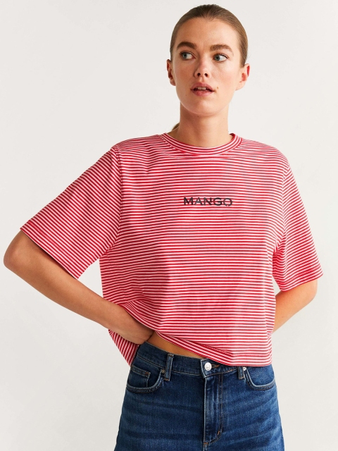 

MANGO Women Red White Striped Round Neck Pure Cotton T-shirt