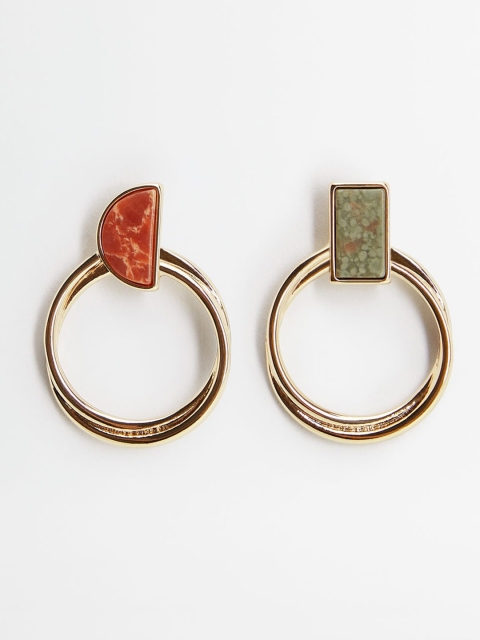 

MANGO Gold-Toned & Brown Circular Mismatch Drop Earrings