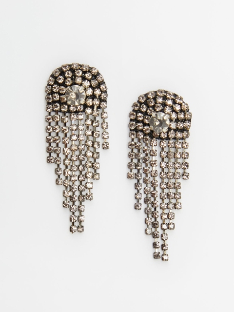 

MANGO Gunmetal-Toned Stone-Studded Contemporary Drop Earrings, Metallic