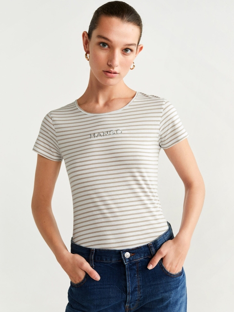 

MANGO Women White Beige Striped Round Neck Pure Cotton T-shirt