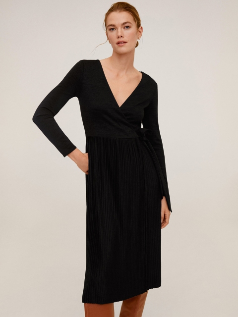 

MANGO Women Black Solid Accordion Pleated Wrap Dress
