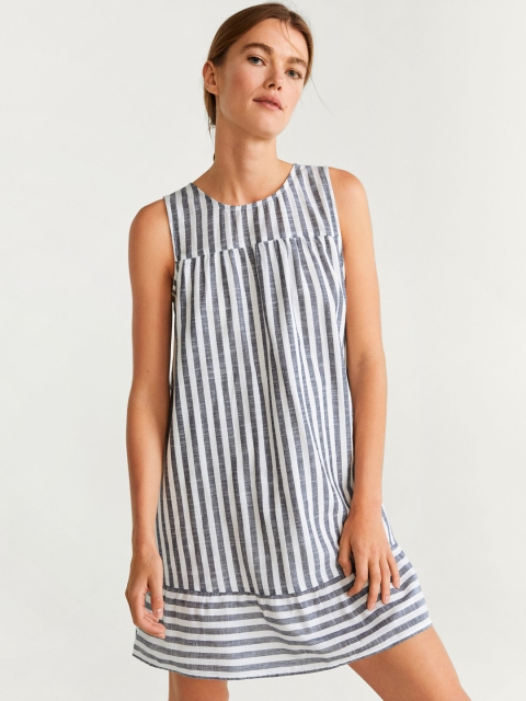 

MANGO Women White & Navy Blue Striped Boxy Shift Dress