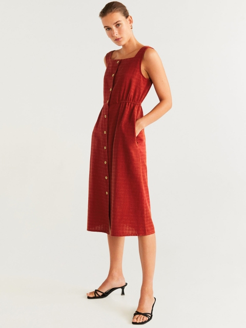 

MANGO Women Rust Orange Self-Checked A-Line Dress