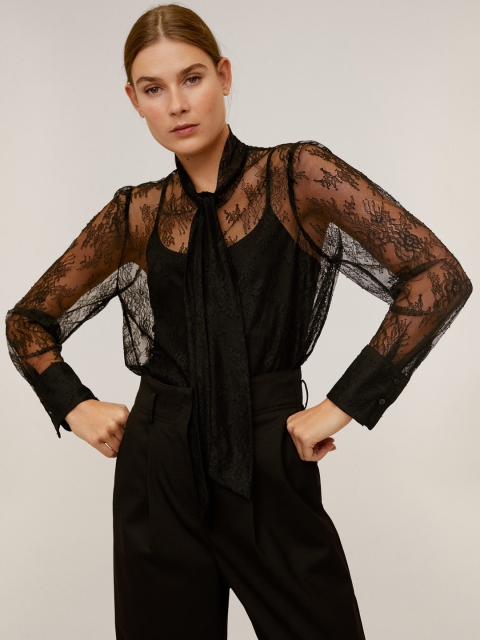 

MANGO Women Black Self Design Sheer Lace Top