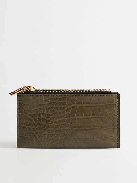 

MANGO Women Olive Green Croc Skin Textured Zip Around Wallet