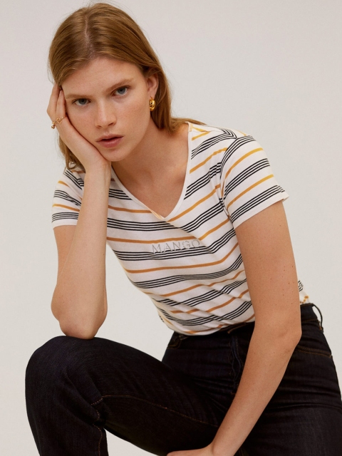 

MANGO Women White Black Striped Round Neck Pure Cotton T-shirt