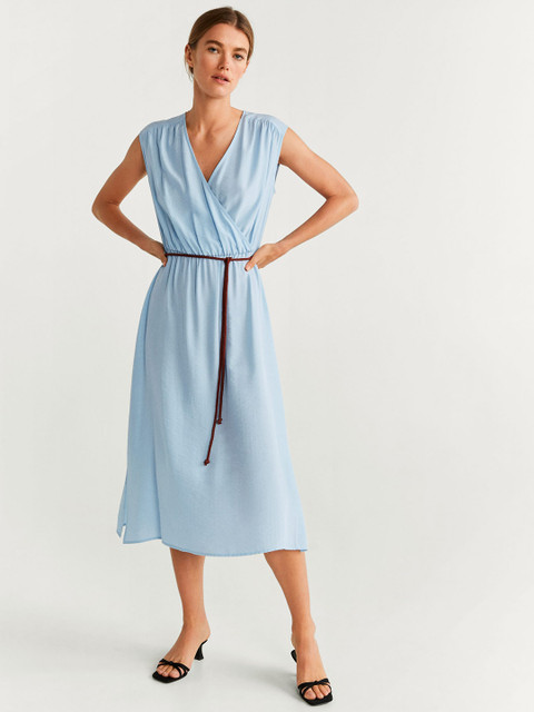 

MANGO Women Blue Solid Wrap Dress with Belt