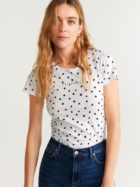

MANGO Women White Black Printed Round Neck Pure Cotton T-shirt