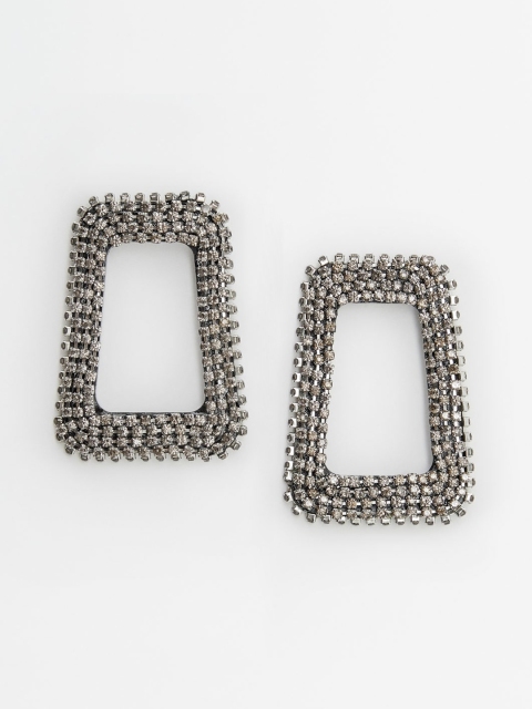 

MANGO Gunmetal-Toned Stone-Studded Geometric Drop Earrings, Metallic