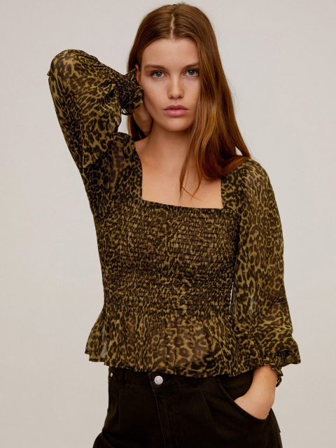 

MANGO Women Olive Green & Black Animal Print Cinched Waist Top