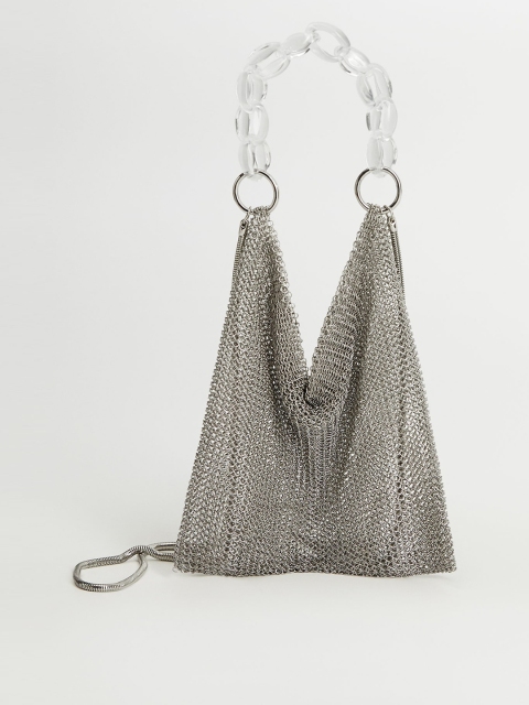 

MANGO Silver-Toned Iron Mesh Hobo Bag