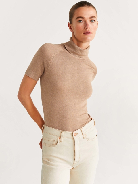 

MANGO Women Beige Solid Turtle Neck Pullover