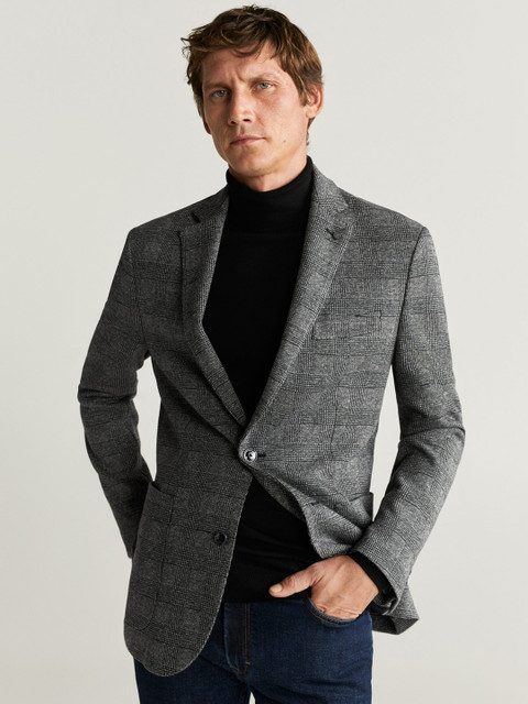 

MANGO MAN Men Grey Melange & Black Checked Single-Breasted Slim Fit Casual Blazer