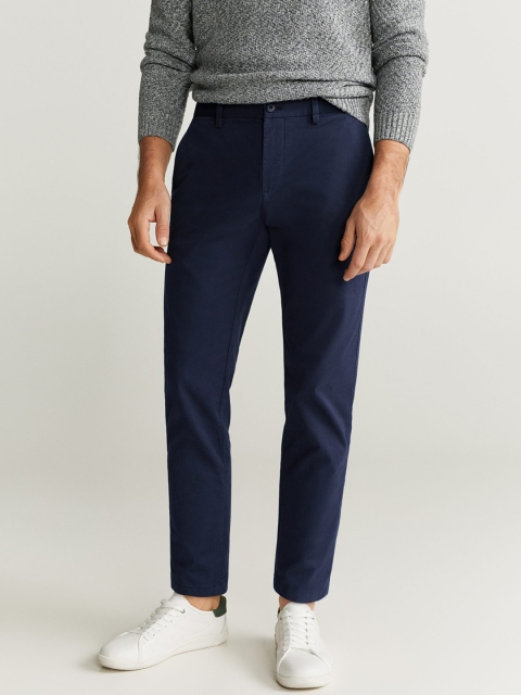

MANGO MAN Navy Blue Tapered Fit Solid Cropped Regular Trousers