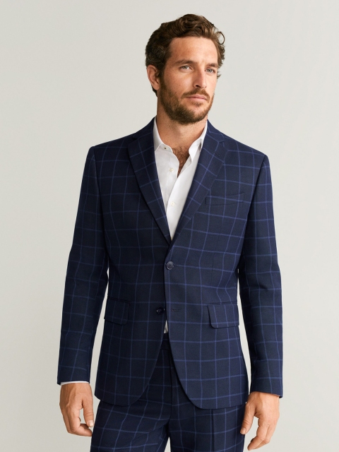 

MANGO MAN Navy Blue Checked Slim Fit Single-Breasted Formal Blazer