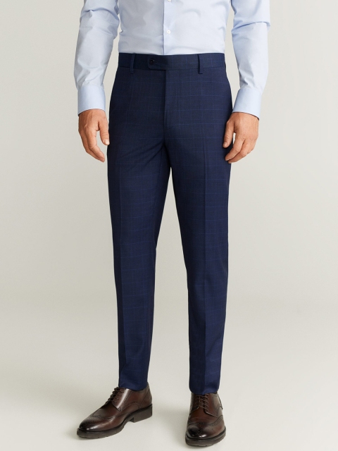

MANGO MAN Navy Blue Slim Fit Checked Formal Trousers