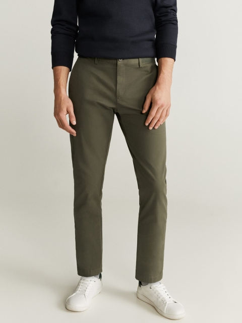 

MANGO MAN Olive Green Tapered Fit Solid Cropped Regular Trousers