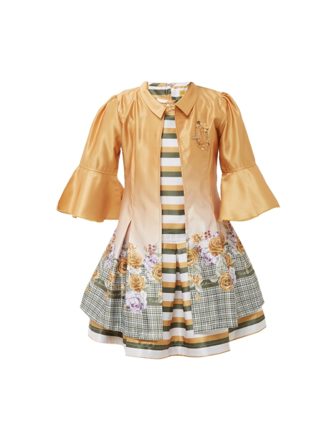 

Tiny Baby Girls Mustard Yellow Floral Printed Layered Fit and Flare Dress