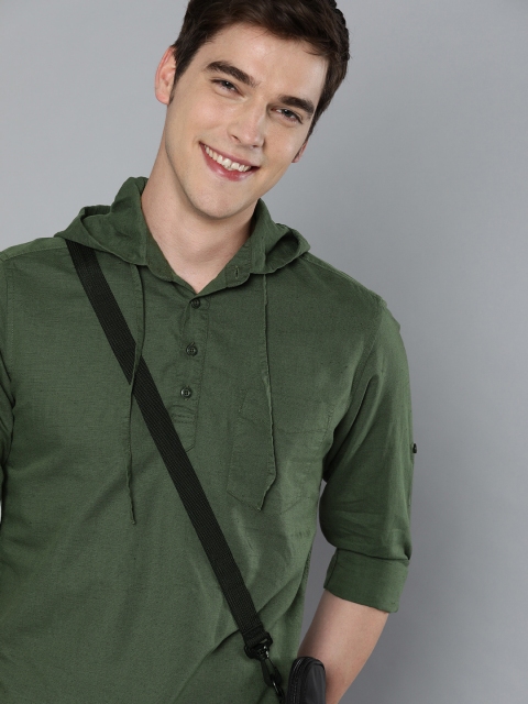 

HERE&NOW Men Olive Green Slim Fit Solid Casual Shacket