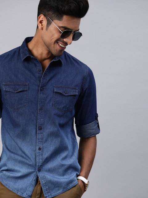 Men Navy Blue Slim Fit Faded Casual Shirt