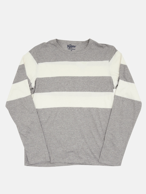 

Roadster Men Grey Melange Striped Round Neck T-shirt