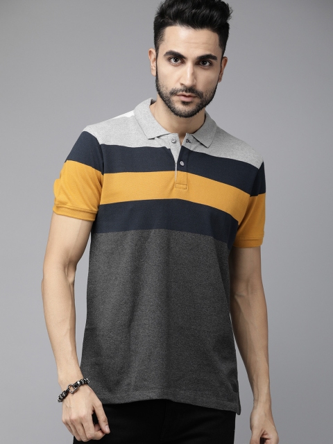 

Roadster Men Grey Melange & Mustard Yellow Striped Polo Collar T-shirt