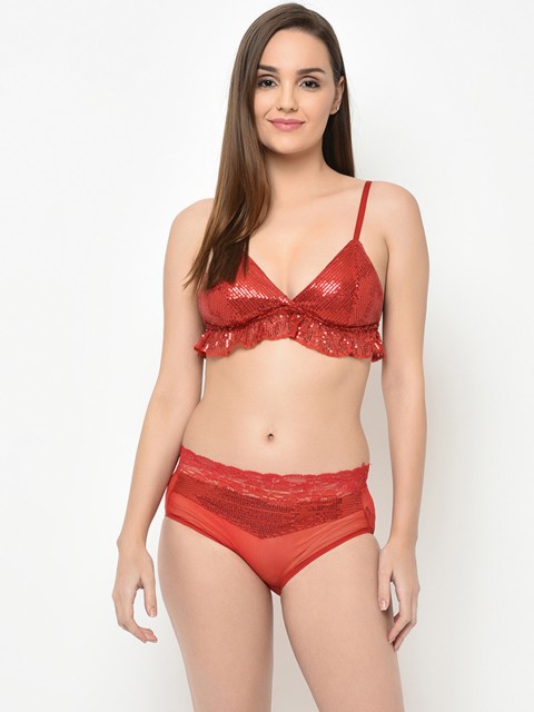 

Da Intimo Women Red Sequin Embellished Lingerie Set DI-1262